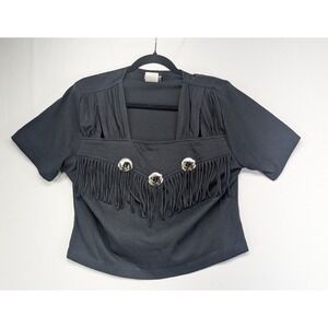 Impact Vintage Western Fringe Top Black Silver Star Conchos Short Sleeve‎ Large